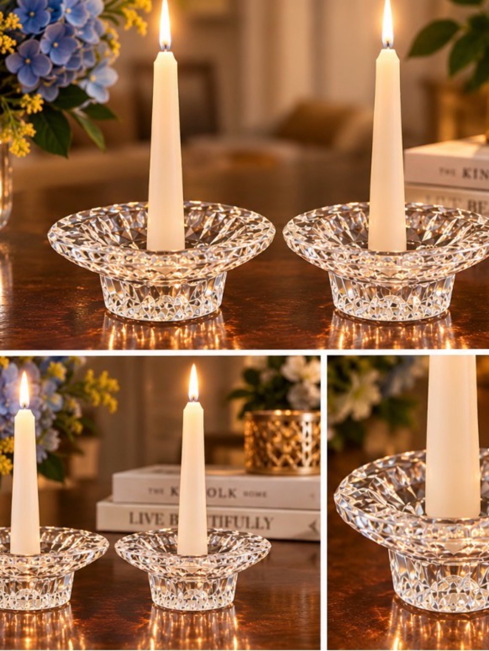 Clear Faceted Crystal-Style Candlestick Holders